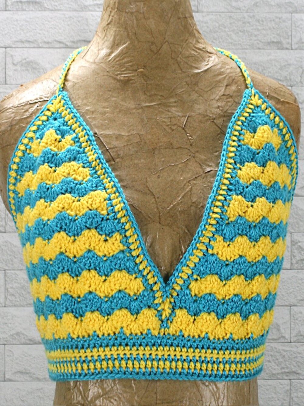 HAND CRAFTED Crop Top Crochet Halter Bikini Stripe Blue Yellow Festival Rave